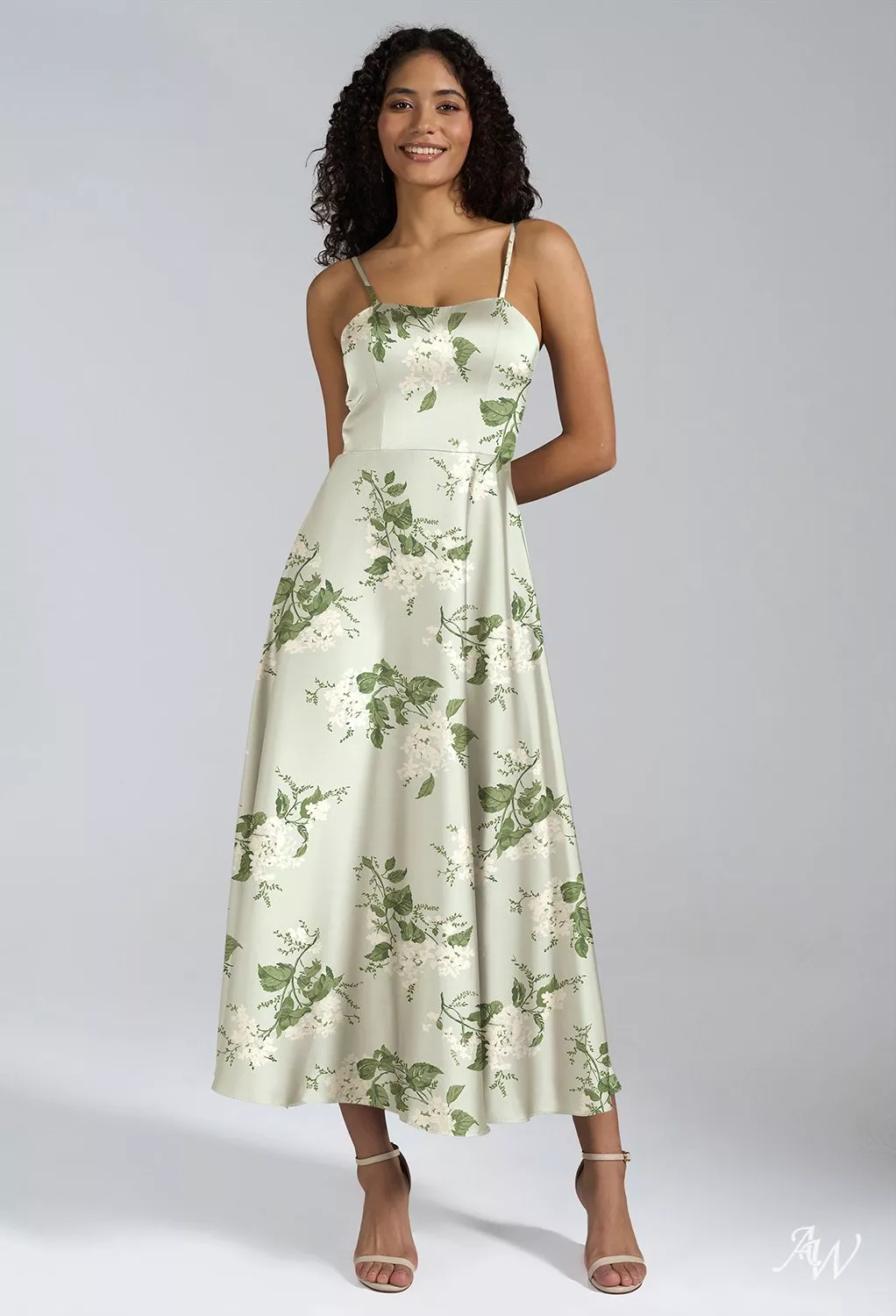 AW Lexi Dress, Sage Green Crystal Satin Satin Charmeuse Tea Length